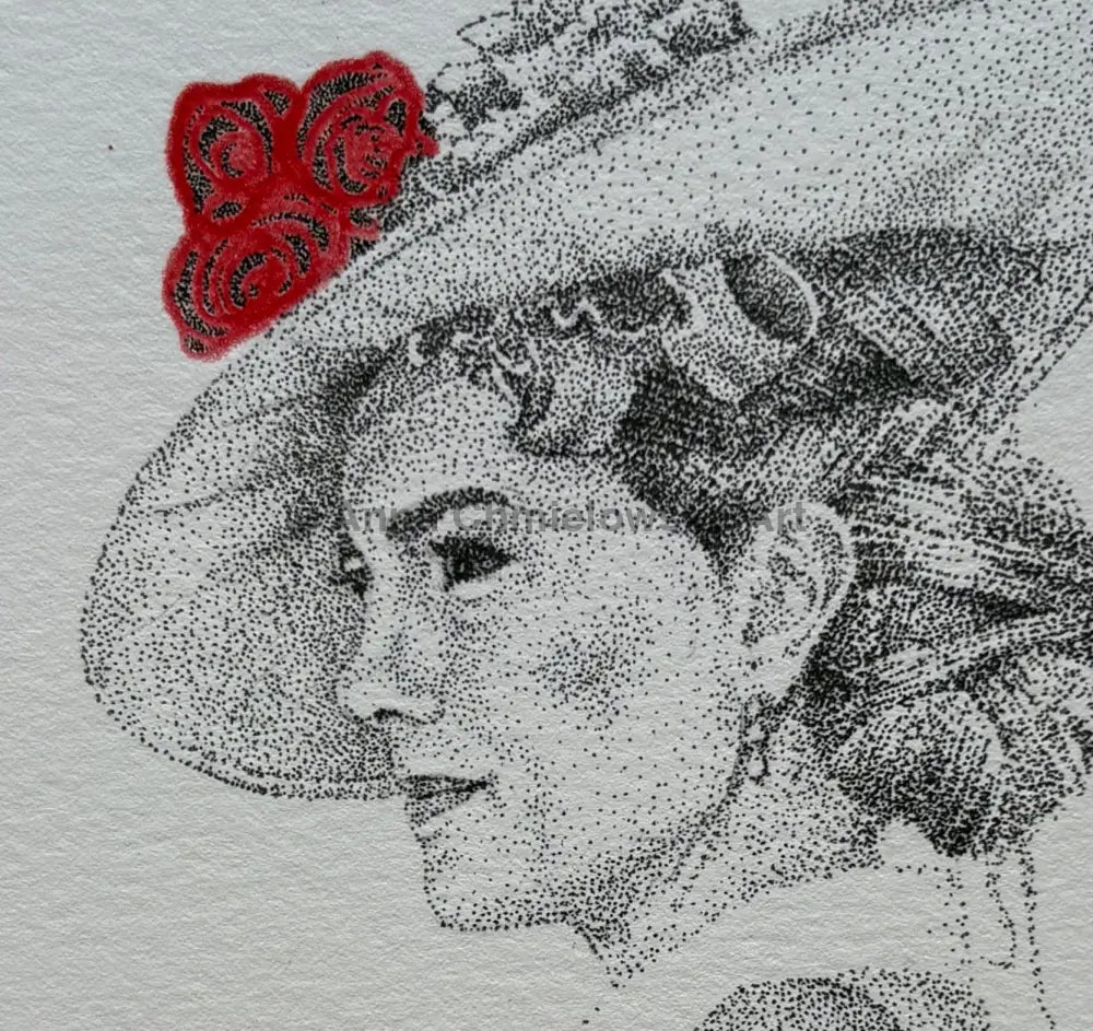 Lady with roses - dotted stippled original artwork