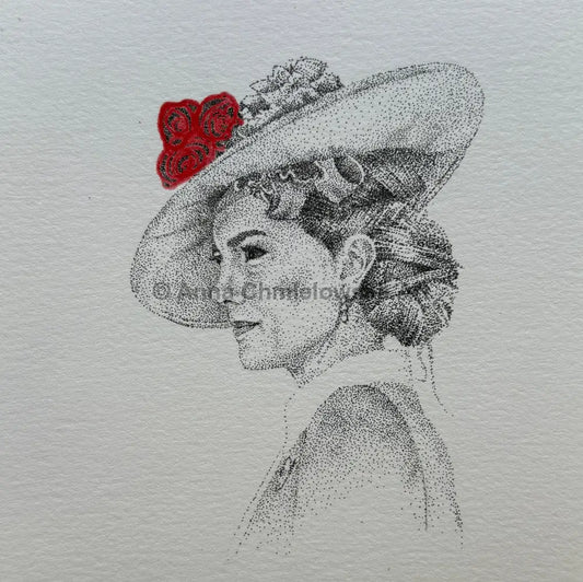 Lady with roses - dotted stippled original artwork
