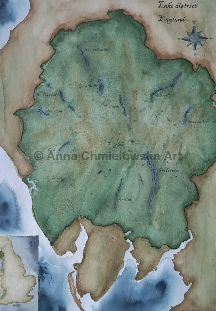 Original watercolour - Lake District map - size 57x75cm