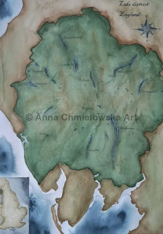 Original watercolour - Lake District map - size 57x75cm