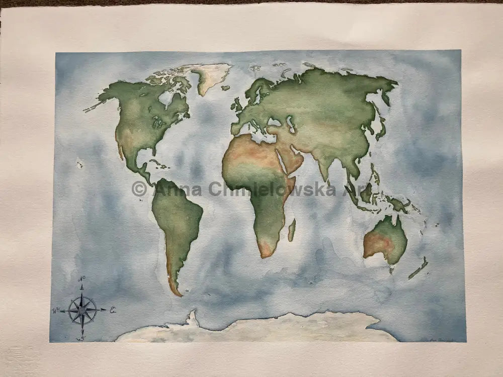 Original watercolour - World Map 57x75cm