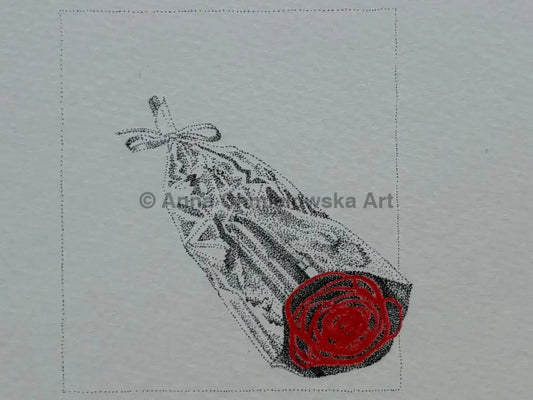 Rose in cellophane - dotted (stippling) original artwork mixed with colour pencil