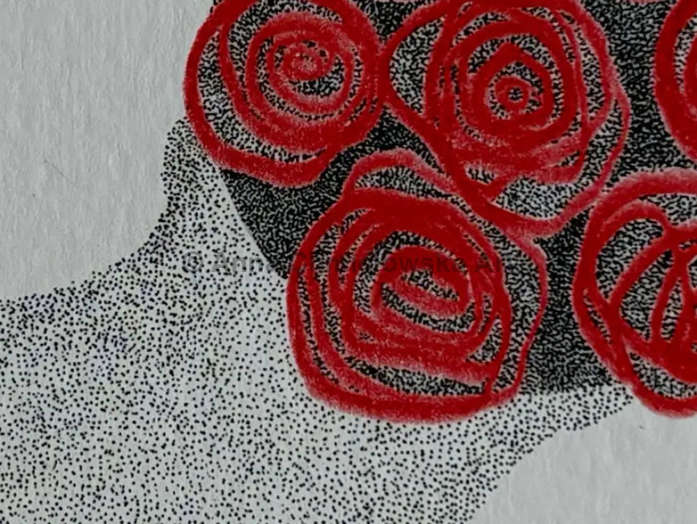 Roses in vase #1- dotting (stippling) mixed with colour pencil