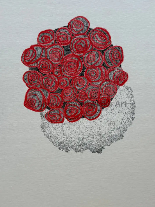 Roses in vase #2 - dotting (stippling) mixed with colour pencil