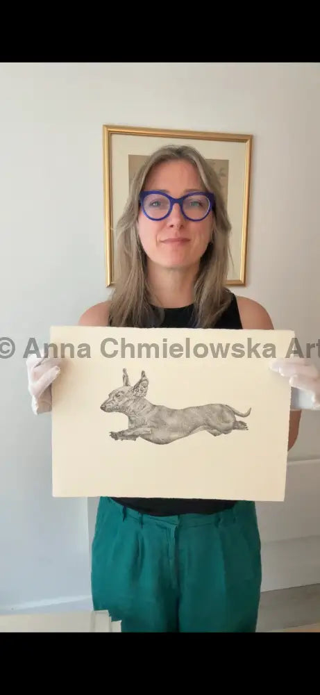 Superwoman - running dachshund stippling original artwork